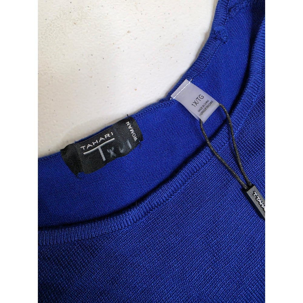 Tahari Woman Royal Blue Knit Top 3/4 Sleeve High Low Hem Plus Size 1X NWT - Picture 2 of 7